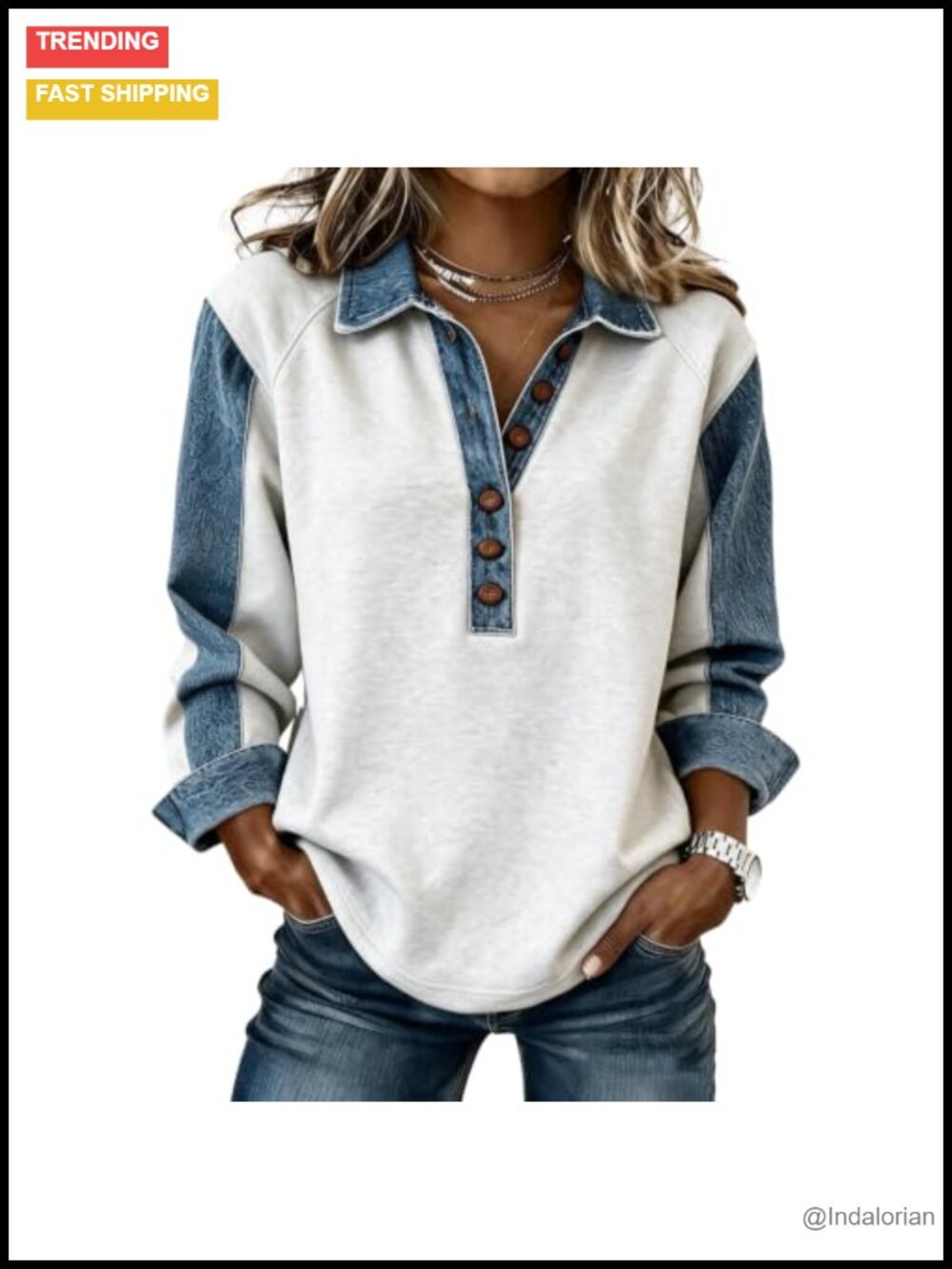 Womens Oversized Patchwork Sweatshirt Denim Collar Quarter Button Pullover